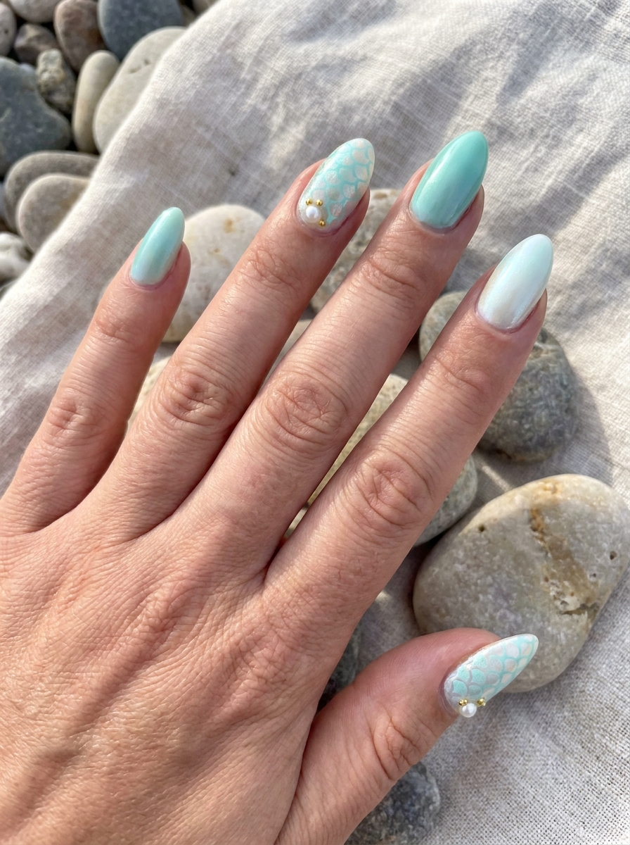 Mermaid Scale Accent Nails mit feinen Schuppenmustern